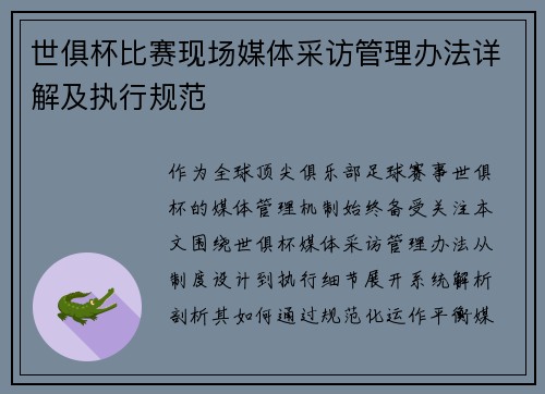 世俱杯比赛现场媒体采访管理办法详解及执行规范